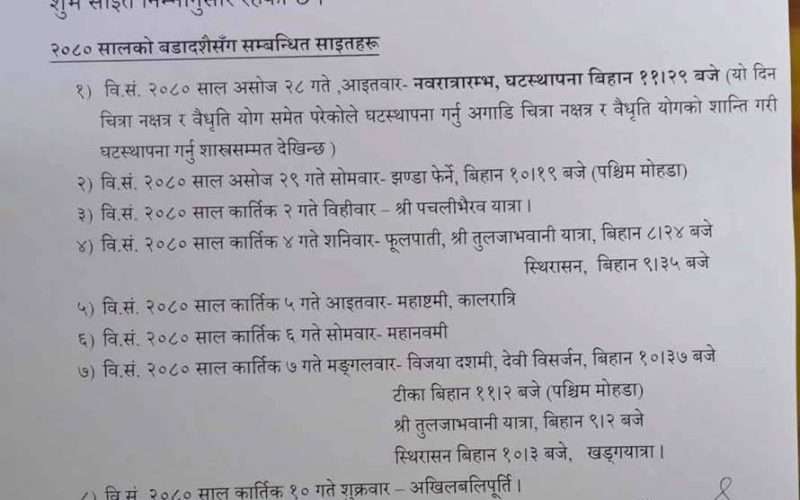 दसैँको टिकाको शुभ साइत कात्तिक ७ गते बिहान ११ बजेर २ मिनेटमा​​